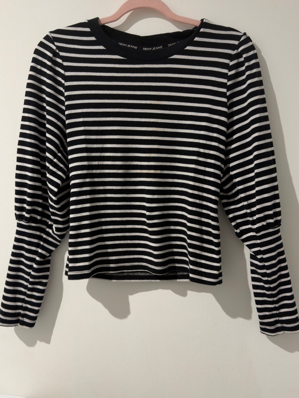 Dkny Black and White Striped Puff-Sleeve Long Sleeve Tee - Picture 2 of 4
